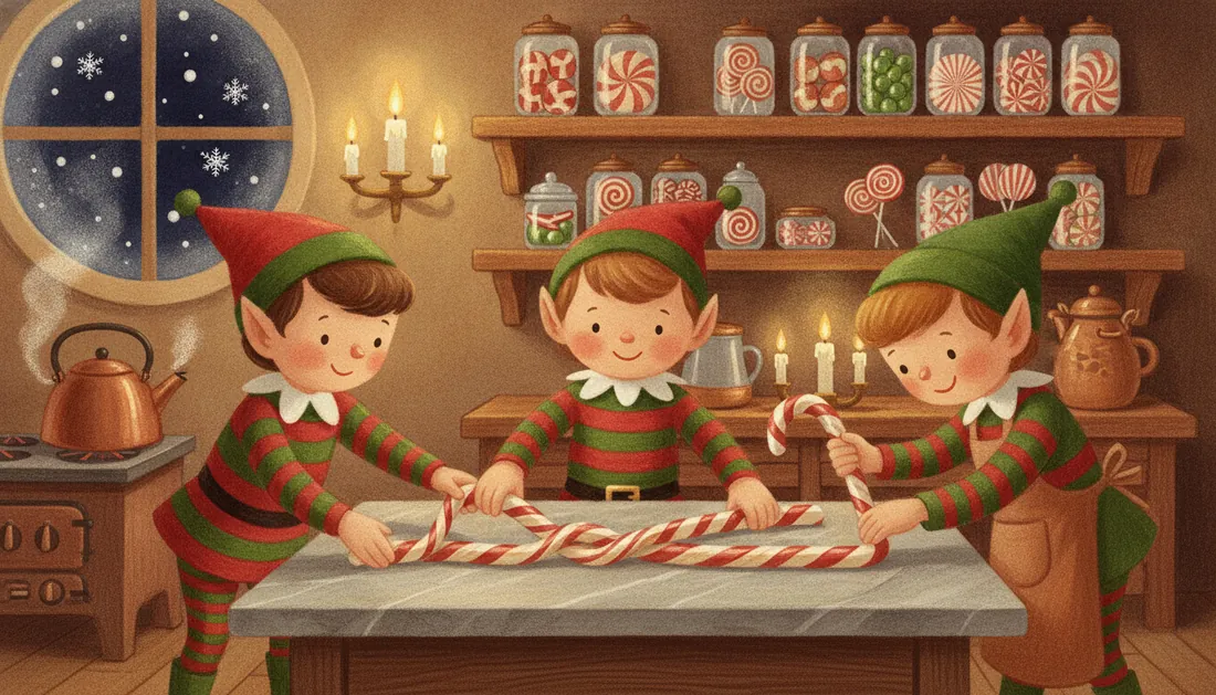 Three elves in striped sweaters twist a long red and white candy cane rope on a marble table in a candy kitchen