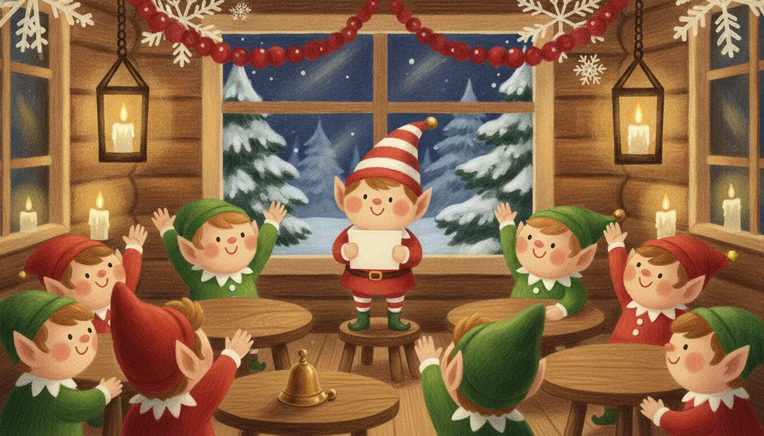 An elf in a striped hat stands on a stool reading questions from a card while a room of elves at little wooden tables raise their hands, with a brass bell on the table and snowy pines outside the window
