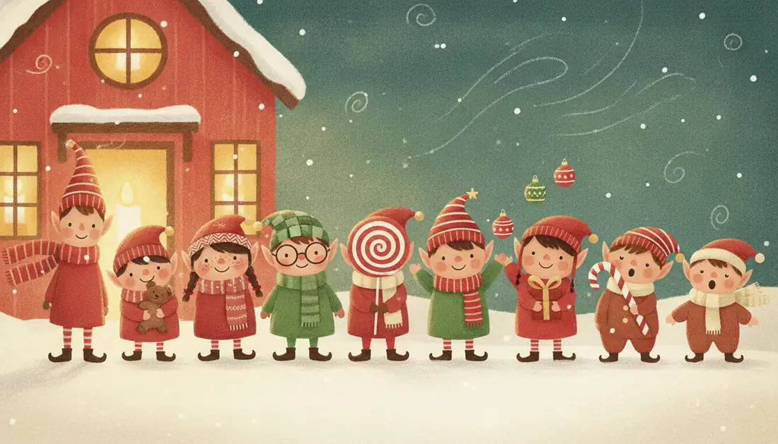Nine young elves in striped hats and scarves stand in a row in the snow outside a red cottage, one holding a teddy bear, one a giant lollipop and one a candy cane