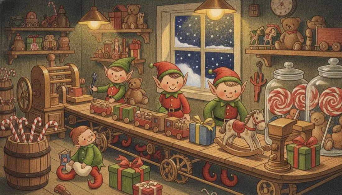 Elves build toys along a wooden conveyor belt in Santa's workshop, beside barrels of candy canes and jars of lollipops