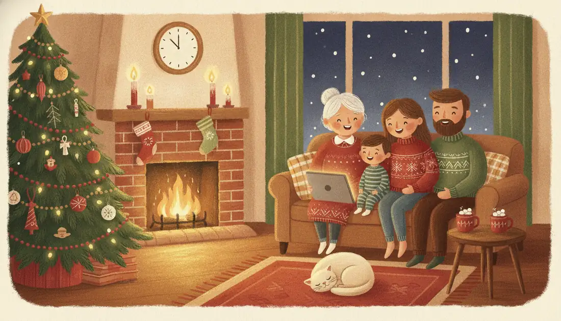 A grandmother, a small boy, his mom and his dad smile at a laptop on the sofa by a crackling fireplace and a decorated Christmas tree
