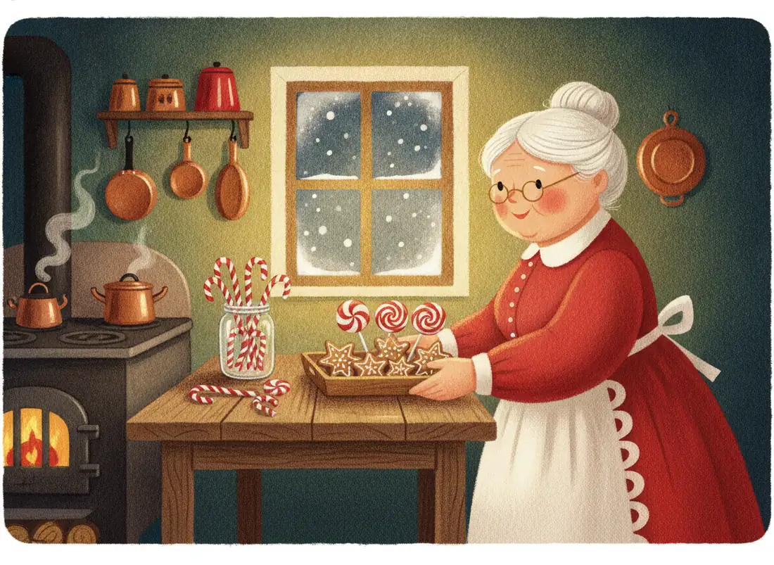 Mrs. Claus, with white hair in a bun and round glasses, carries a tray of star-shaped gingerbread cookies and peppermint lollipops past a wood stove and copper pots