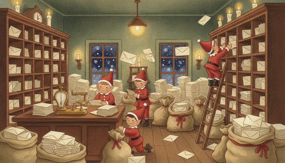 Elves in red suits sort stacks of letters into tall wooden cubbies at the North Pole post office, with sacks of mail on the floor and snow outside the windows