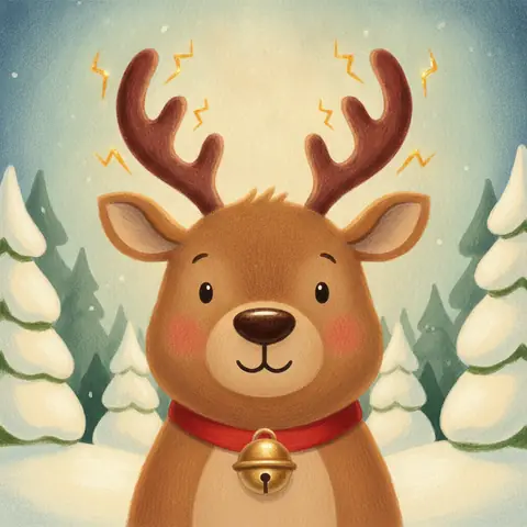 Blitzen, a cheerful reindeer with tiny lightning bolts flashing around its antlers