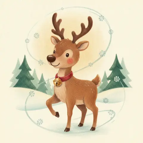 Dancer, a young reindeer stepping lightly on one hoof in a swirl of snowflakes