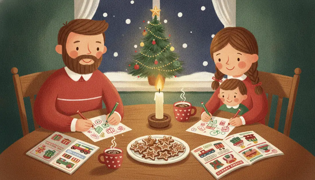 A bearded dad, a girl in braids and her little brother write Christmas wish lists at a wooden table with toy catalogs, a candle, gingerbread stars and mugs of cocoa